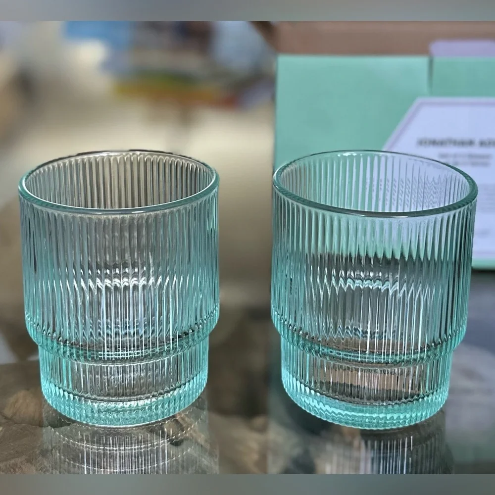 Jonathan Adler BIBA Ribbed Glassware Set of 2 NWT 13oz Aquamarine Glasses $98